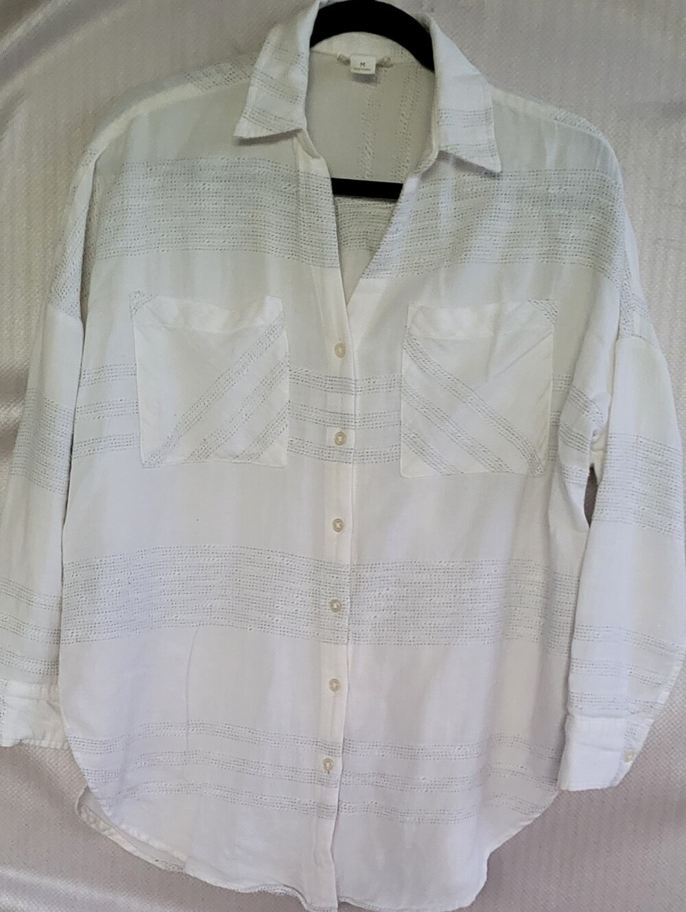 LOFT Women's White Casual Button-Down Shirt with Subtle Stripes